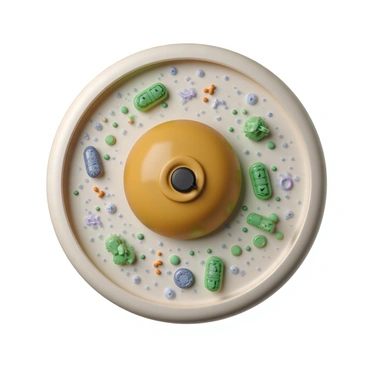 A detailed illustration of a cell's interior, showcasing the active transport of recycled cellular materials. In the center, a large mitochondrion with a wavy outer membrane is surrounded by various organelles such as ribosomes and endoplasmic reticulum. Several vesicles, colored in green, are depicted moving across the cytoplasm, indicating the transport of recycled materials. The cell membrane is semi-permeable, displaying tiny protein pumps actively transporting substances in and out of the cell. The background features a network of microtubules, providing structural support, while ribonucleic acid strands are visible, illustrating the cell's metabolic processes. Overall, the scene conveys dynamic activity within the cellular environment.