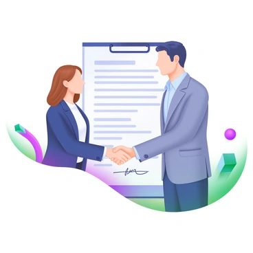 A modern pastel illustration depicting two businesspeople in professional attire shaking hands. The first businessperson is a woman with shoulder-length brown hair, wearing a navy blue blazer and a white blouse. The second businessperson is a man with short black hair, dressed in a gray suit and a light blue shirt. They are positioned in front of a large contract document that is displayed prominently, with visible text and a signature line. The background features subtle abstract shapes in pastel colors to enhance the professional atmosphere.