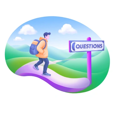 A traveler wearing a comfortable, light-colored jacket and sturdy hiking boots is standing on a winding path. The path is marked with a signpost reading "Questions" in bold letters. The traveler has a medium-sized backpack slung over one shoulder and is gazing ahead towards the horizon. The landscape features rolling hills and a clear blue sky, with fluffy white clouds scattered above. Sunlight bathes the scene, casting soft shadows on the ground, creating a sense of adventure and exploration.