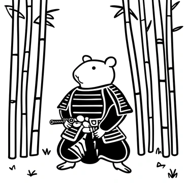 A hamster dressed in intricate samurai armor stands poised, gripping a tiny sword in its paws. The armor features detailed patterns and ornate embellishments. Surrounding the hamster is a dense bamboo forest, with tall, slender bamboo stalks reaching upward, casting slender shadows on the ground. The ground is littered with small leaves and twigs, enhancing the natural setting. The atmosphere is filled with an air of stillness, emphasizing the unique juxtaposition of the small creature in its elaborate attire.