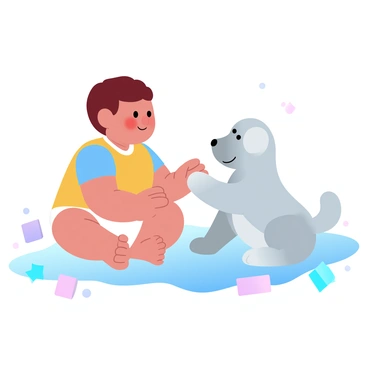 A baby is sitting on a soft, colorful floor mat, surrounded by plush toys. The baby is wearing a bright onesie, and their small hands are reaching out towards a fluffy puppy. The puppy, with a soft coat and a wagging tail, is playfully leaning towards the baby, both of them displaying an expression of curiosity. Several colorful blocks are scattered around them, completing the playful scene.