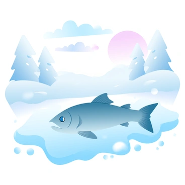A vast frozen landscape stretches across the scene, covered in a blanket of white snow and shimmering ice. In the foreground, a clear sheet of ice reveals the outline of a fish trapped beneath it. The fish is detailed, with a smooth, glistening body and fins spread wide, surrounded by bubbles frozen in the ice. The surrounding landscape features snow-covered trees with soft, gradient pastel colors in the sky above, hinting at a gentle sunset. The contrast between the vibrant colors of the sky and the stark white of the snow creates a captivating atmosphere.