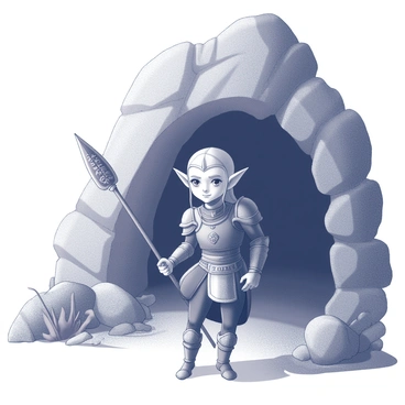 An elf with pointed ears and intricately designed armor stands at the entrance of a cave. The elf is holding a spear firmly in one hand, displaying a posture of alertness and readiness. The cave's entrance is wide and rugged, surrounded by rocky terrain and various plants. The elf's expression reflects focus and vigilance, with eyes scanning the surroundings for any signs of movement. The spear is detailed with ancient engravings, and the cave's interior appears dark and mysterious, hinting at hidden wonders within.