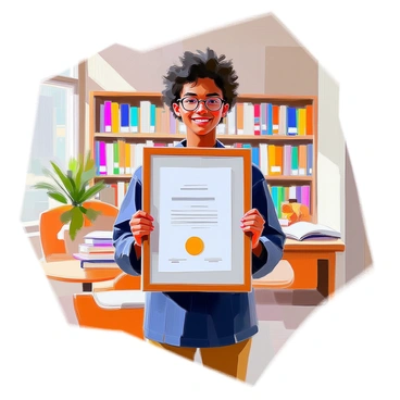 A student with medium brown skin and curly hair is standing in a library, proudly holding a framed certificate in both hands. The student is wearing a dark blue shirt and round glasses, with a big smile on their face. Behind them, bookshelves filled with colorful books create a backdrop. A cozy reading area with a few chairs and a table is visible to the side, along with a window letting in natural light.