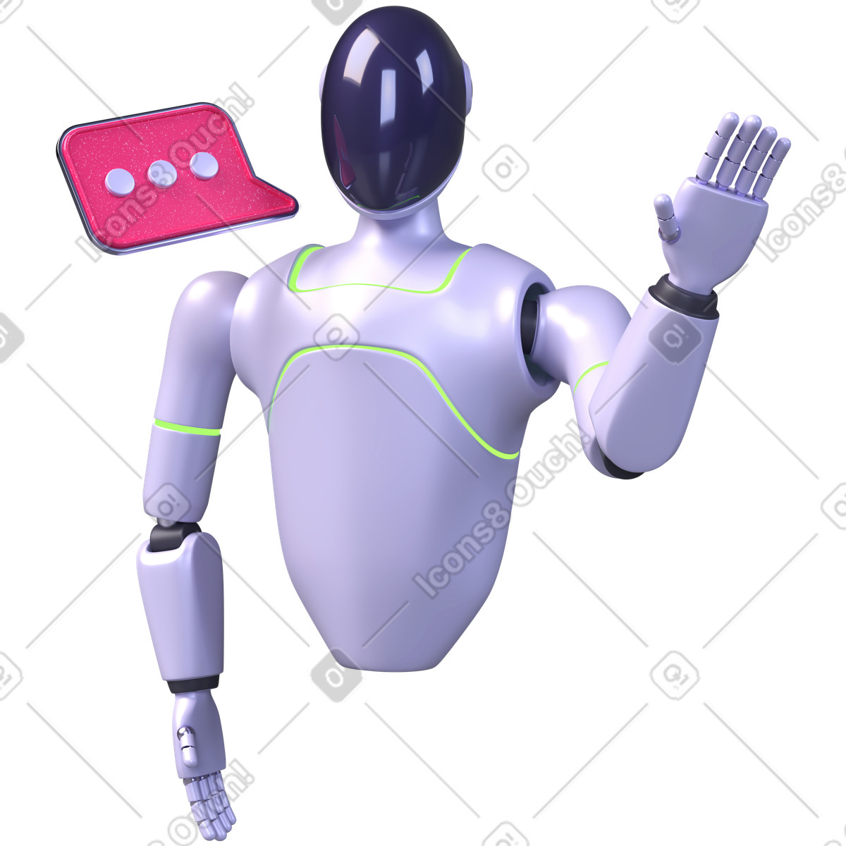Ai assistant communication, chatbot interaction, futuristic robot waving illustration in 3D Boost style download in PNG, SVG