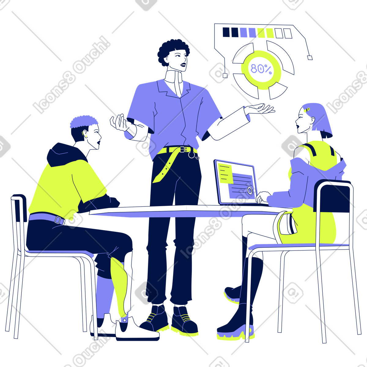 Glow 스타일의 Colleagues discussing project using virtual statistics, Workplace teamwork 일러스트레이션 PNG, SVG 다운로드