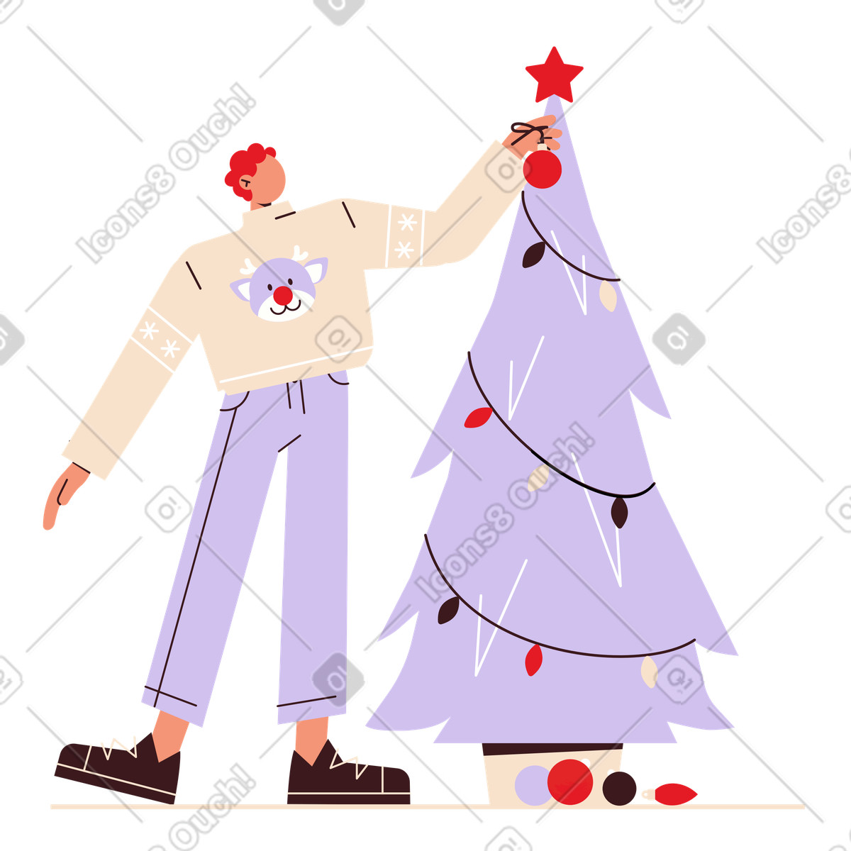 下载 Folks 风格的 男人装饰一棵圣诞树 插画，支持 PNG、SVG 格式