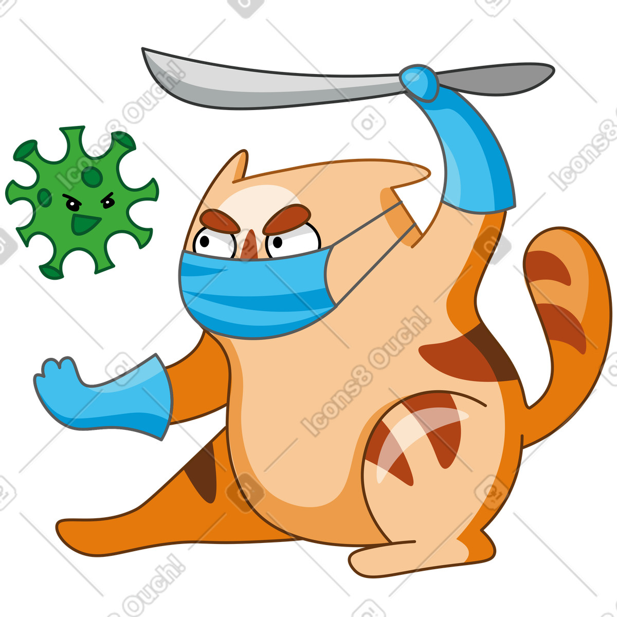 Cat in face mask and gloves fighting a coronavirus cell with knife illustration Kitekat style download PNG, SVG