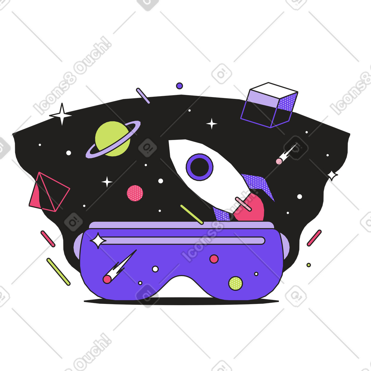Rocket and planets emerging from VR headset, Interactive astronomy learning illustration in Dazzle style download in PNG, SVG