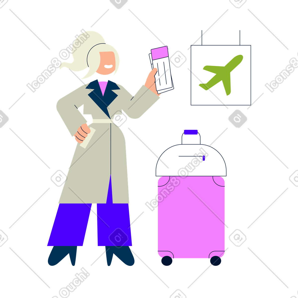 Frau am flughafen wartet auf einen flug-Illustration im Cubes-Stil als Download in PNG, SVG
