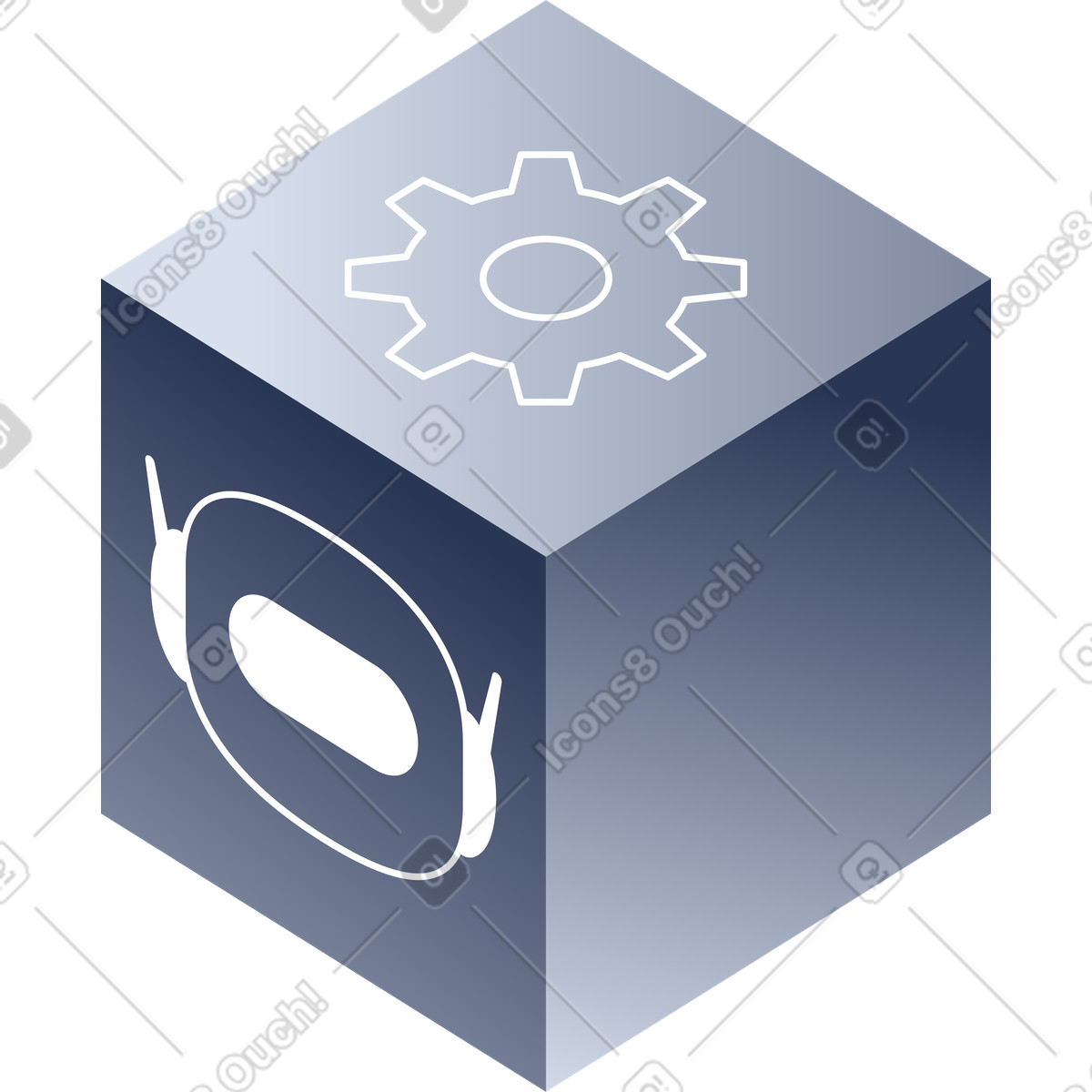 Cubo con icone, ingranaggio, chatbot illustrazione in stile Lucent scarica in PNG, SVG