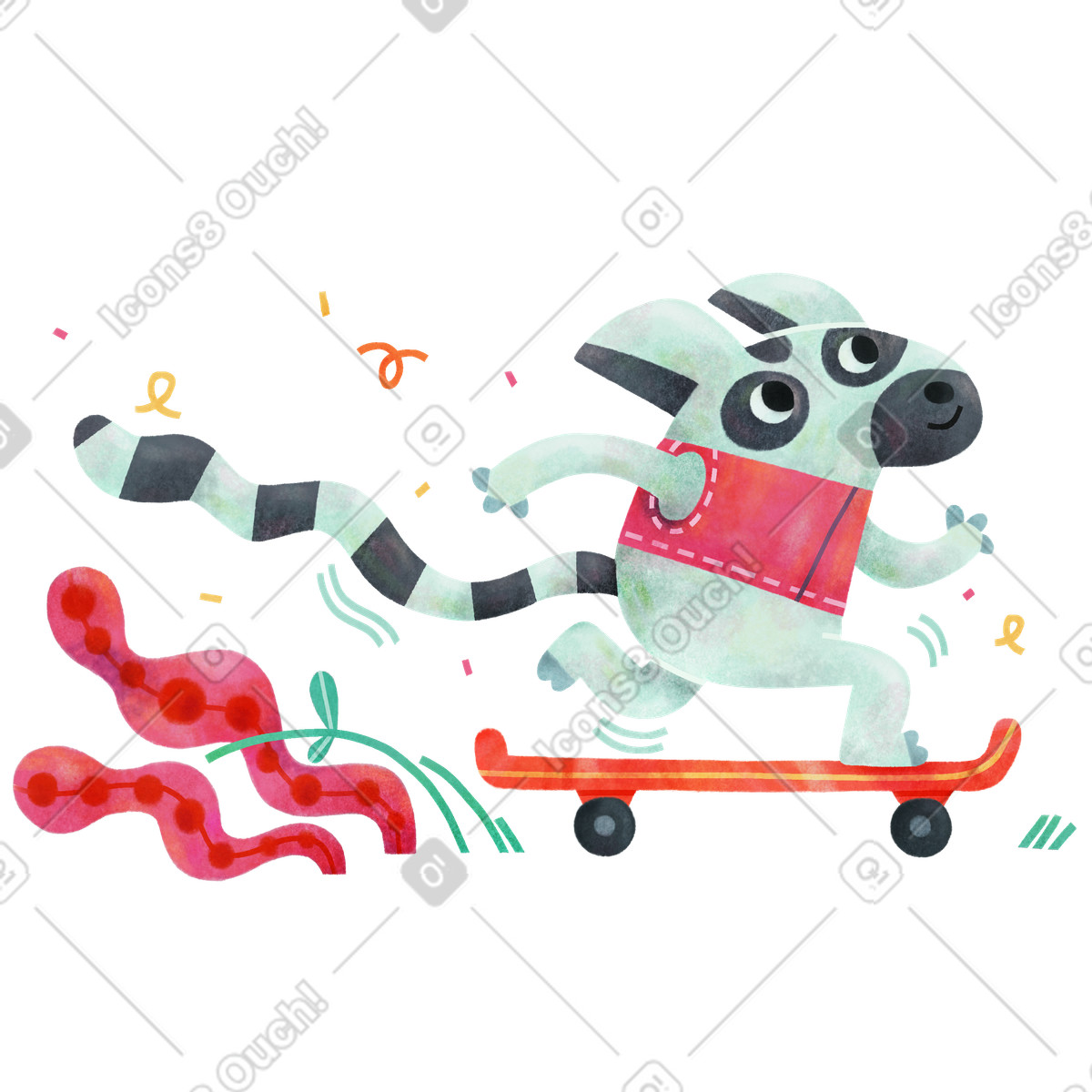 Cute lemur speeding on skateboard, Fun adventure or action sports illustrazione in stile Jungle scarica in PNG, SVG