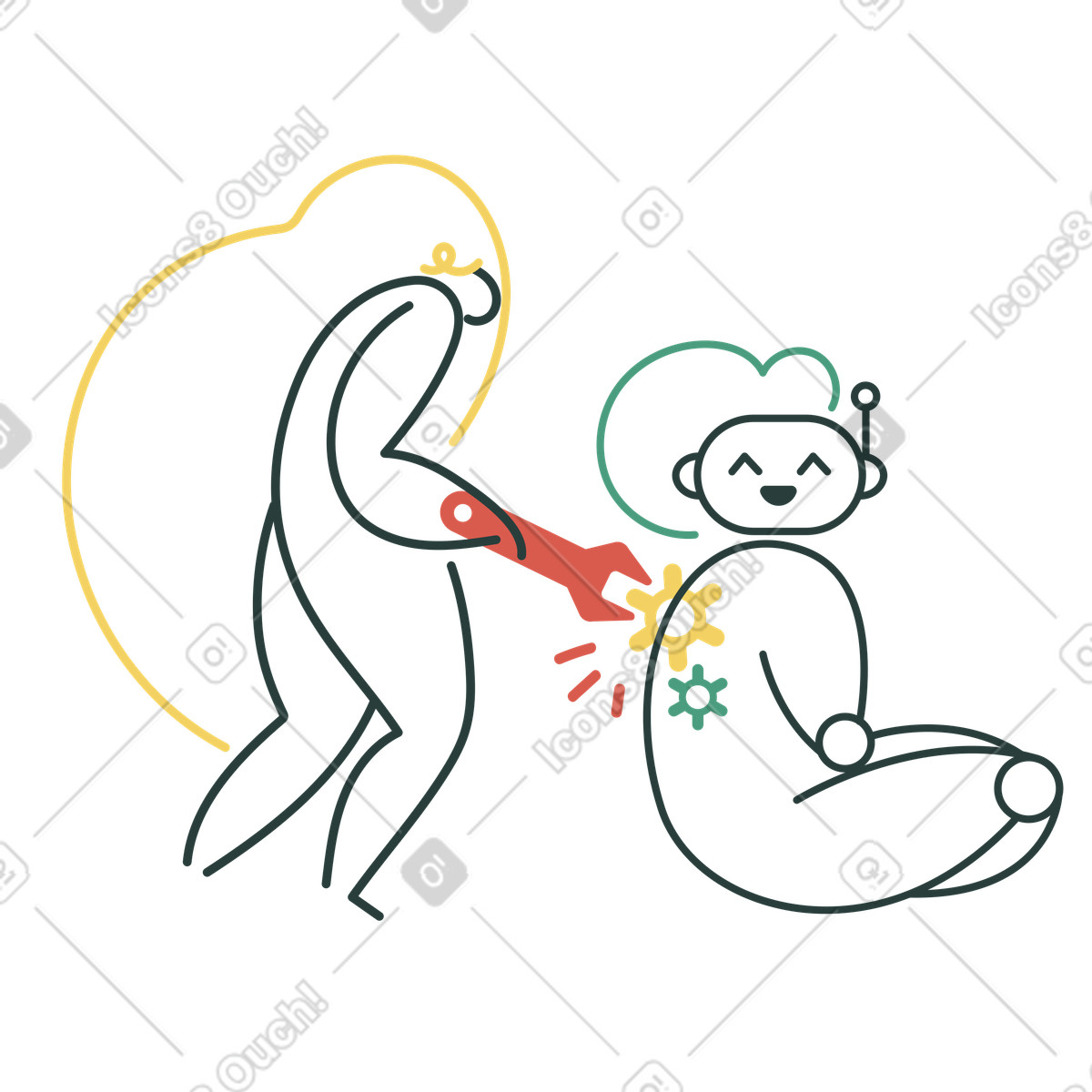 Mechanic repairing a robot illustration in repair clipart style with vector graphics