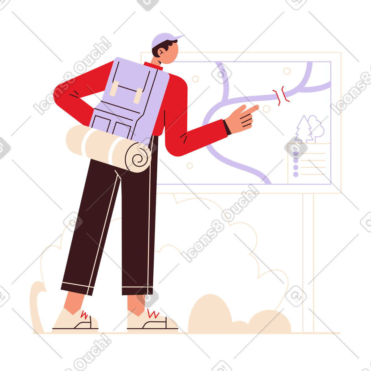 Ilustración Viajero masculino con mochila mirando la ruta turística en estilo Folks a descargar en PNG y SVG