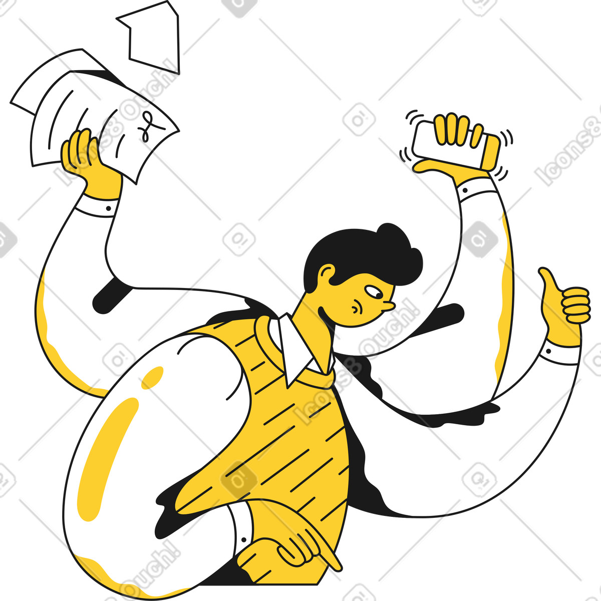 Beschäftigter mann mit vier armen-Illustration im Taxi-Stil als Download in PNG, SVG