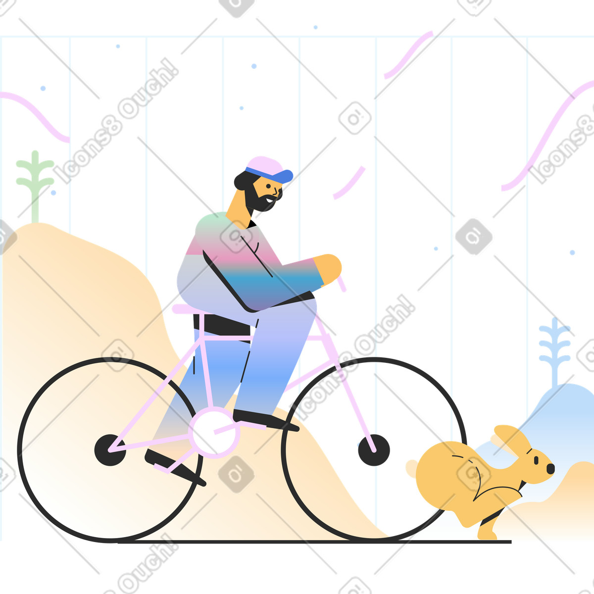 Un uomo in bicicletta cerca di correre più veloce coniglio illustrazione stile Marginalia scarica PNG, SVG