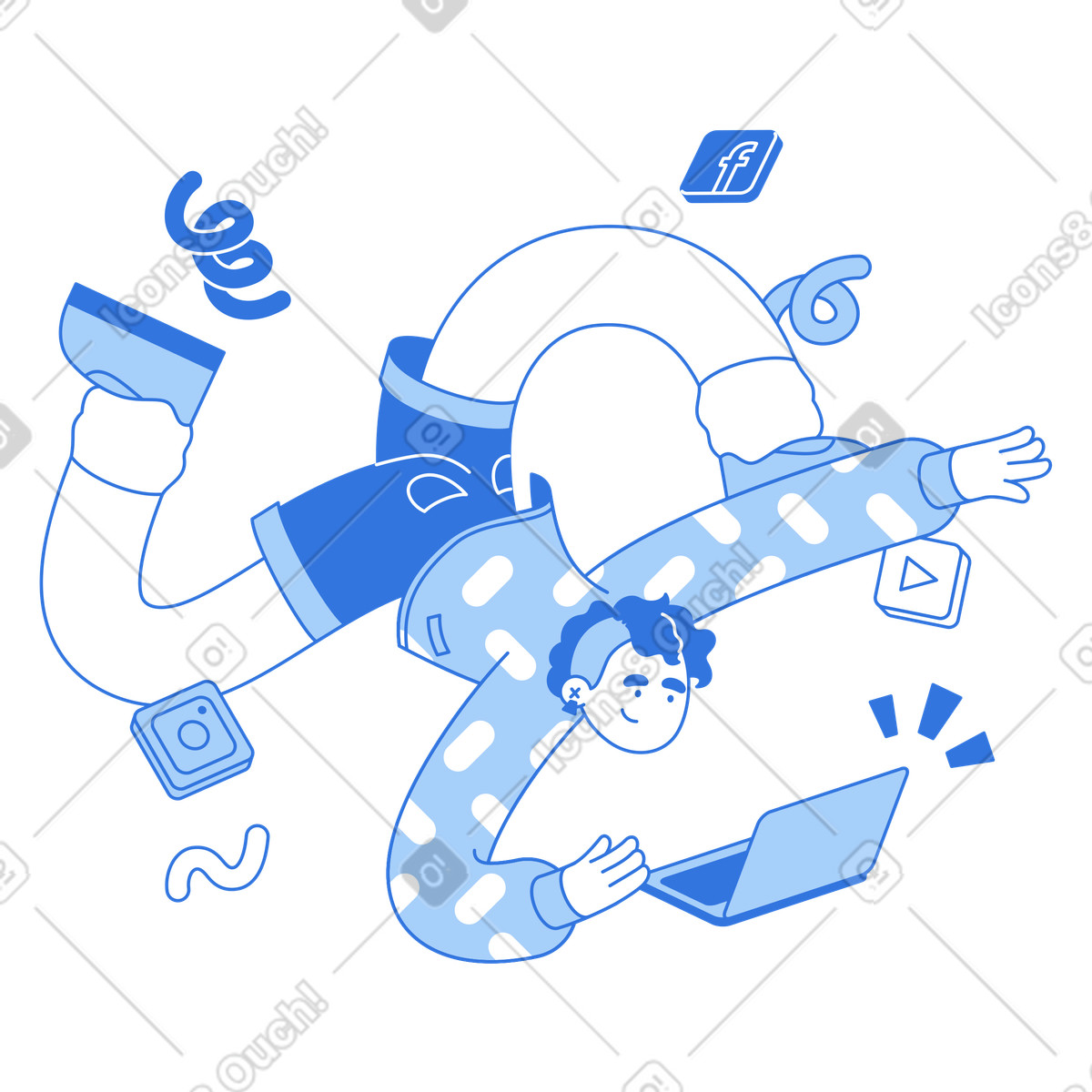 Sky スタイルの Browsing multiple social media platforms with laptop, online communication and entertainment のイラストをPNG、SVG形式でダウンロード