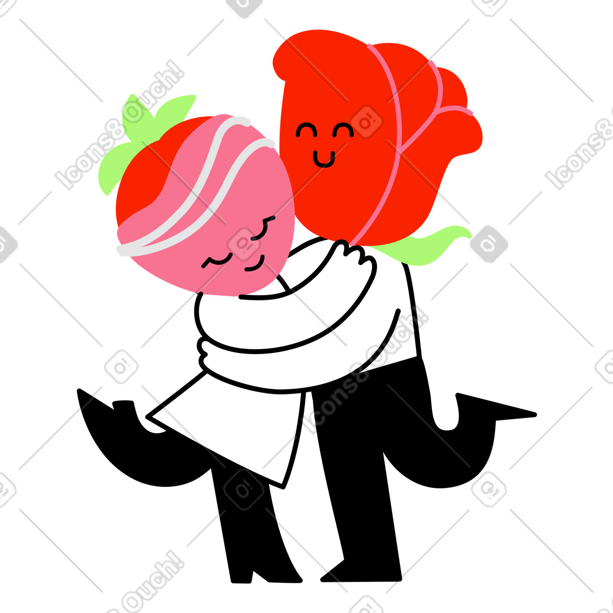 Illustration Personnages de fraises et roses qui s'enlacent, empathie soutien au travail dans le style Giggle à télécharger aux formats PNG, SVG