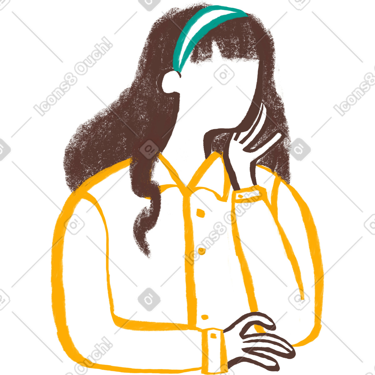 Illustration Femme aux longs cheveux bouclés assise avec son menton sur sa main dans le style Company à télécharger formats PNG, SVG