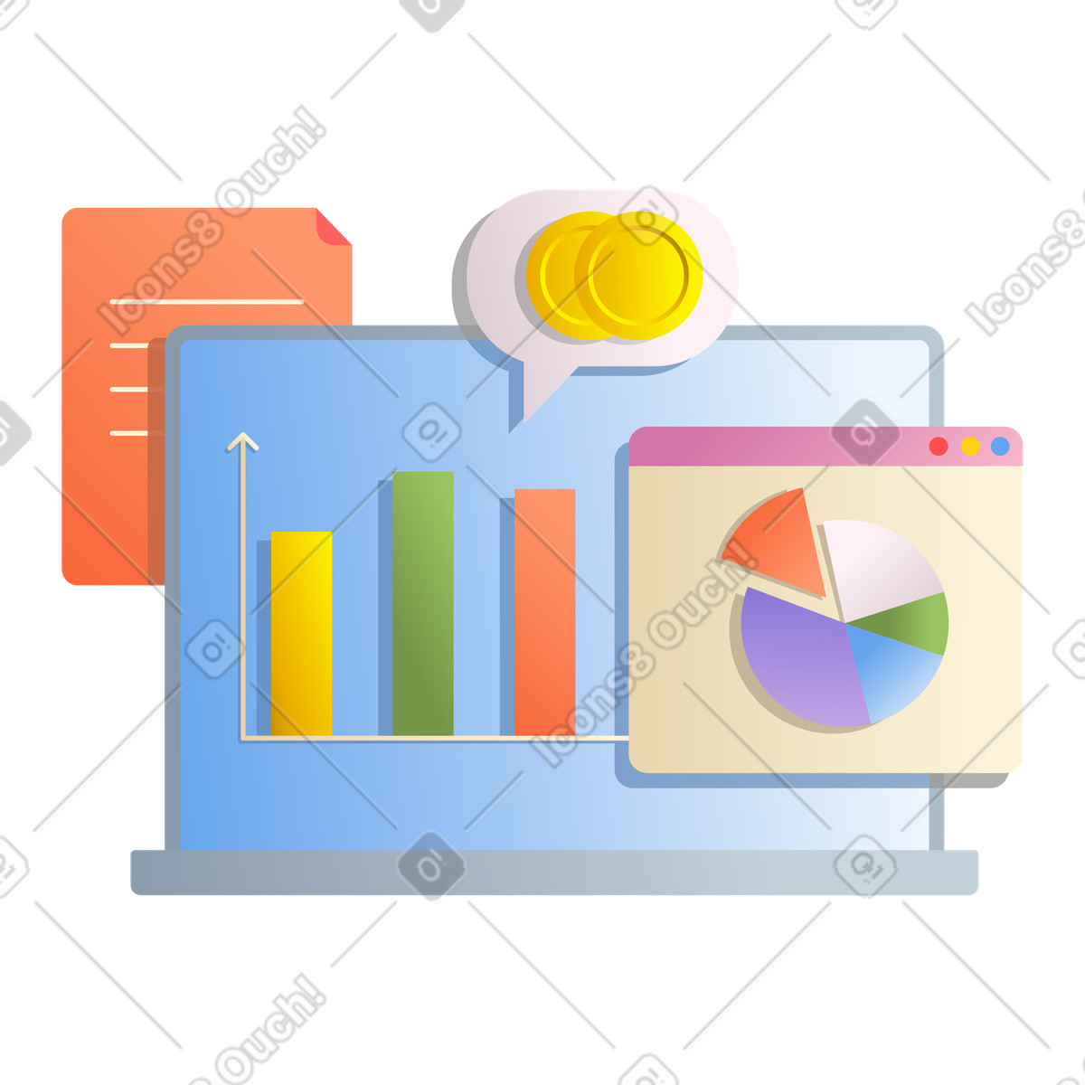 Computer con statistiche di crescita finanziaria illustrazione in stile Silky scarica in PNG, SVG