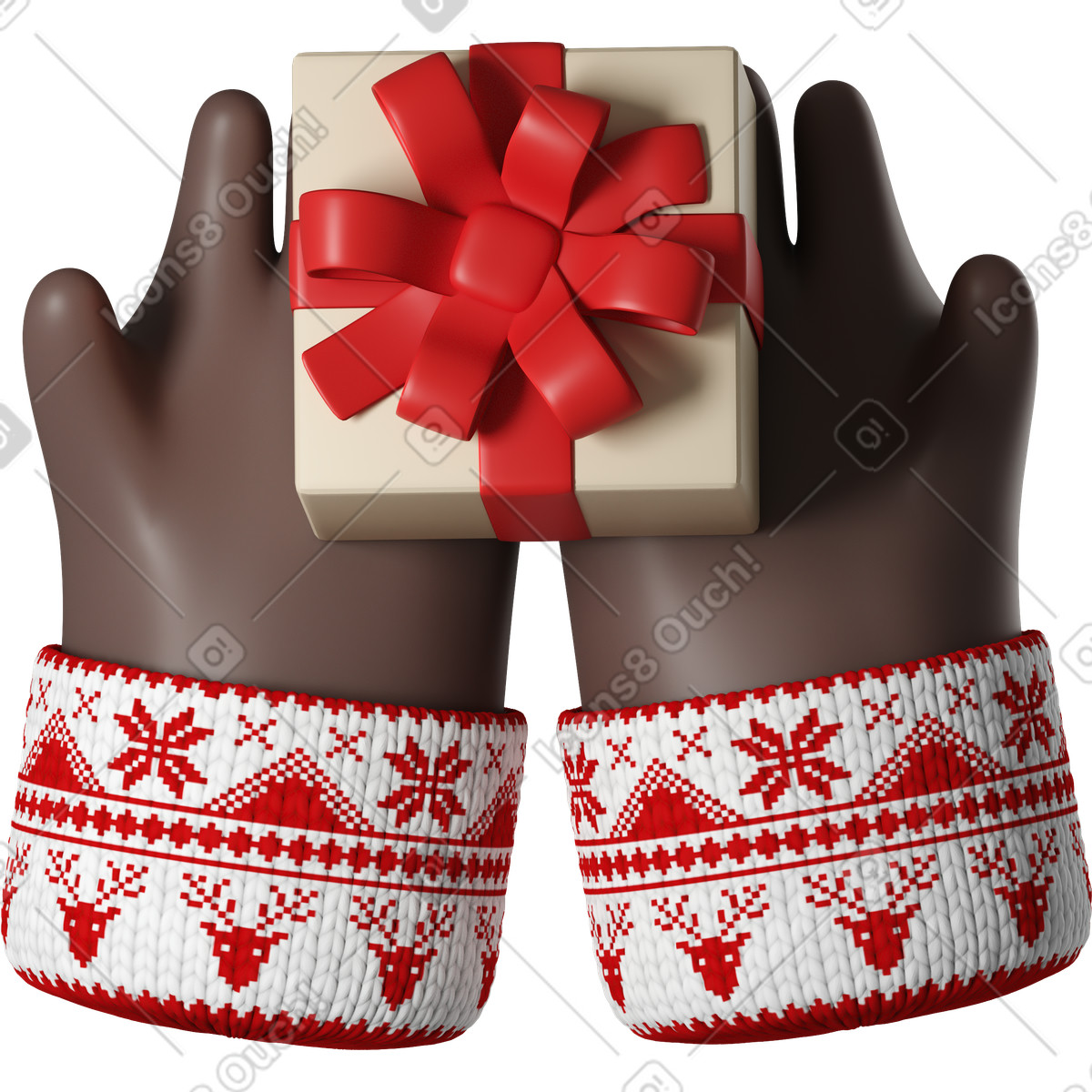 Illustration Mains de peau noire dans un pull noël blanc tenant une boîte-cadeau le style 3D Hands Fun&Wild à télécharger aux formats PNG, SVG