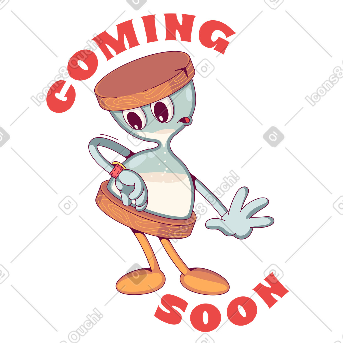 Ilustração de Coming soon text with hourglass character checking time, Event teaser or countdown em no estilo Handy para baixar em PNG, SVG