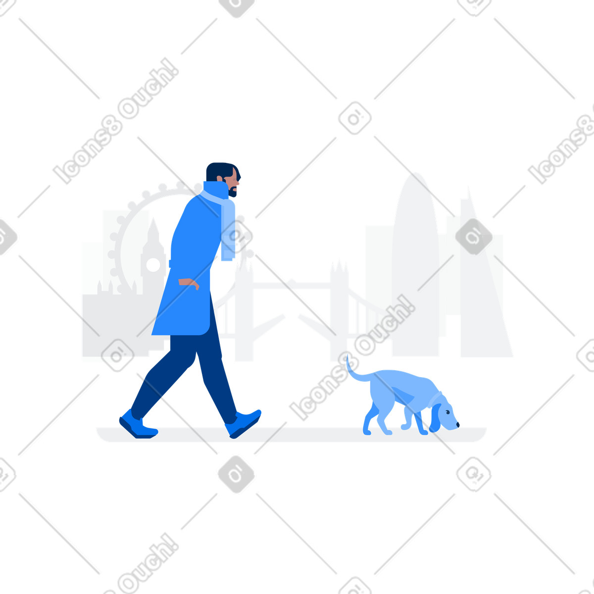 Dog and owner strolling in London, Daily routine urban pet walking illustration style download PNG, SVG