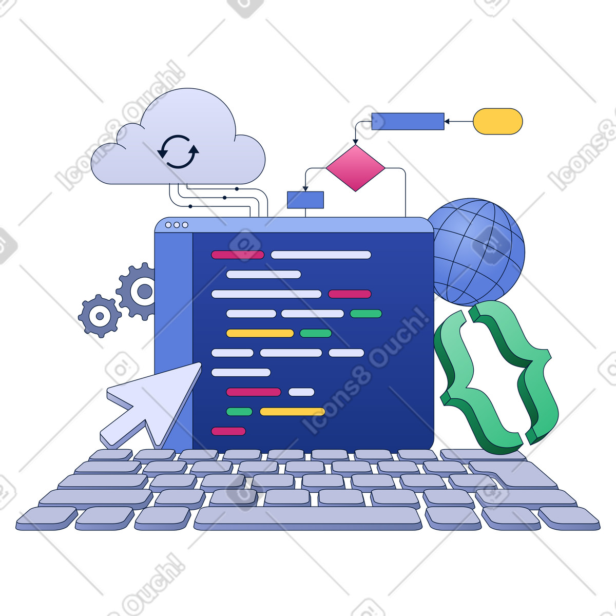 Programming using cloud storage and flowcharts illustration in PNG, SVG