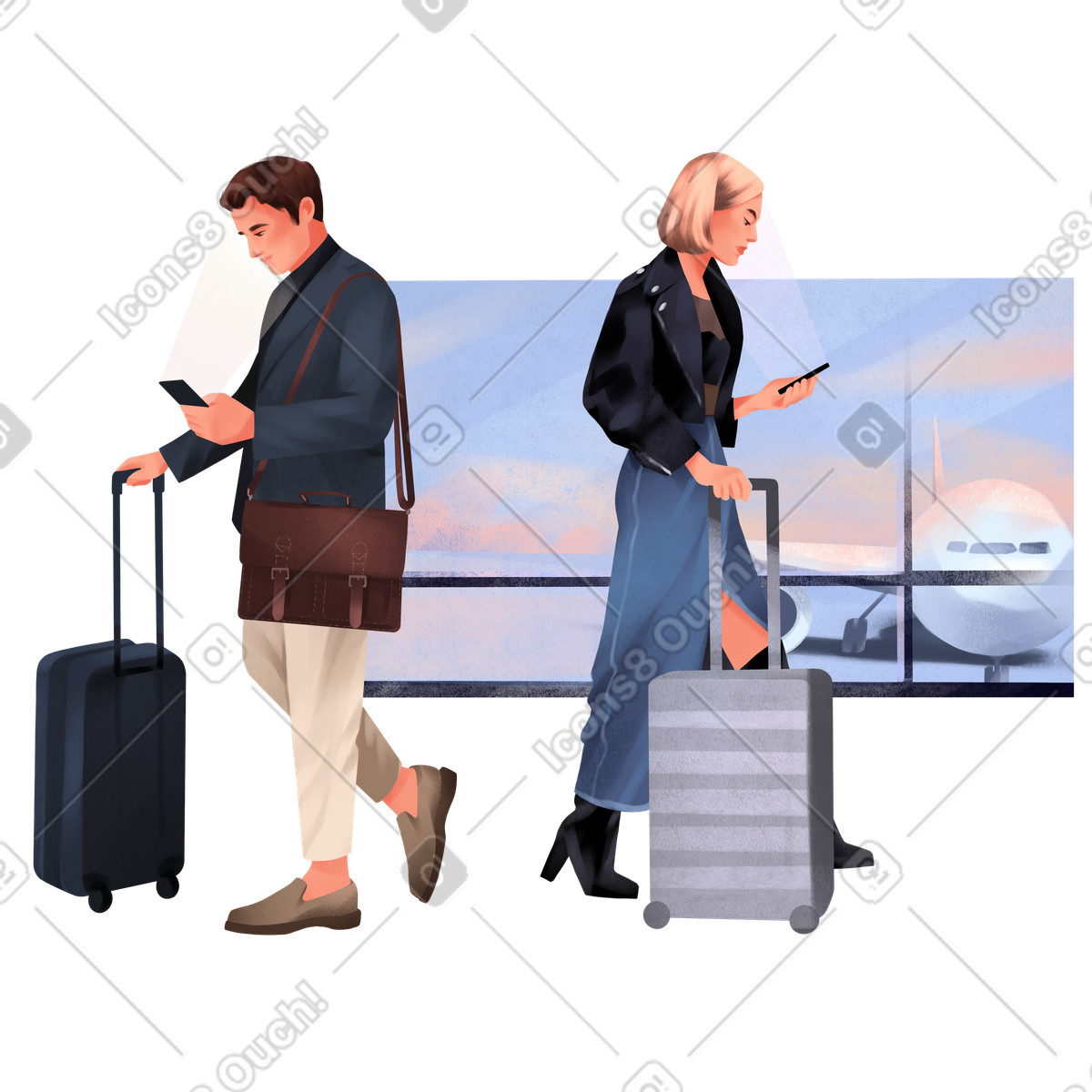 Demure スタイルの Man and woman at the airport のイラストをPNG、SVG形式でダウンロード