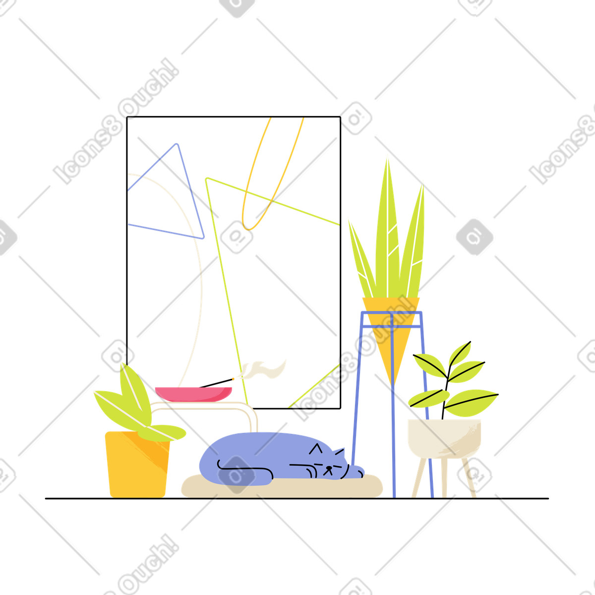 Interno con un gatto illustrazione in stile Juicy scarica in PNG, SVG