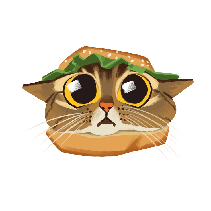 A cat with a burger bun on its head - Goofy style illustration