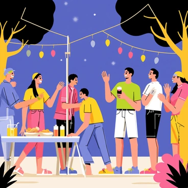 A lively night party held outdoors under a starry sky. Strings of colorful fairy lights are draped between trees, illuminating the area with a warm glow. A group of guests is gathered around a limbo pole, all smiling and engaged in a friendly competition. Some guests are dressed in bright, festive clothing, while others are wearing casual summer attire. One person is leaning back to fit under the limbo pole, while others cheer enthusiastically. A table with snacks and drinks is set up nearby, adding to the vibrant atmosphere of the party.