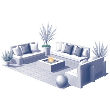 A modern backyard features a stylish fire pit at its center, constructed of sleek stone materials. Around the fire pit, several decorative pillows in various shapes and sizes are arranged thoughtfully, adding a touch of comfort. Soft throws are draped over the sides of the seating area, enhancing the inviting atmosphere. The surrounding space includes minimalistic outdoor furniture, creating a perfect setting for relaxation and social gatherings. Potted plants are placed strategically around the area, adding to the overall aesthetic.