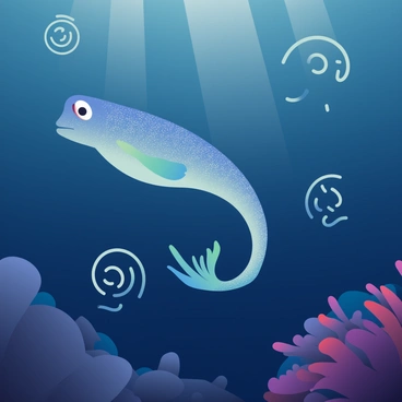A deep-sea creature with bioluminescent features is swimming gracefully through dark waters. Its body is elongated, with shimmering scales reflecting faint light. The creature has large, expressive eyes that seem to sense the environment. Surrounding it are faint, glowing indications of Earth's magnetic fields depicted as subtle, swirling patterns in the water, creating an ethereal glow. In the background, there are shadowy outlines of underwater rock formations and coral, enhancing the scene's depth and mystique. The creature navigates confidently, showcasing its adaptation to the deep ocean environment.