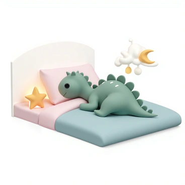 A baby dinosaur, with bright green scales and big, innocent eyes, is snuggled comfortably in a cozy bed covered with a soft, pastel-colored blanket. The dinosaur is lying on its side, with a small, plush stuffed toy shaped like a fluffy cloud tucked close under its tiny arm. A gentle, warm glow emanates from a star-shaped nightlight placed on the bedside table, casting soft, comforting shadows in the room. The ambiance is peaceful, enhancing the scene of a serene lullaby.