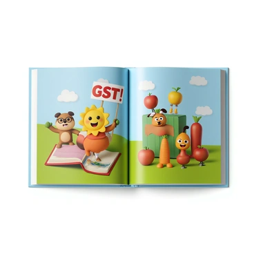 A colorful children's book page featuring a cheerful scene with various fun characters explaining GST concepts. There is a friendly cartoon character, a smiling sun wearing glasses, standing next to a playful puppy holding a sign that says "GST!" in bold letters. The background is filled with bright colors, including a blue sky and green grass, with clouds that have cute faces. Nearby, a group of animated fruits and vegetables, like a happy apple and a dancing carrot, are gathered around a large, colorful book titled "Understanding GST." Each character has expressive faces, making the page lively and engaging for young readers.