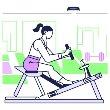 A gymnast is seated on a rowing machine, focused on building upper body strength. She has athletic attire comprising a fitted tank top and shorts, designed for mobility. Her hands grip the machine's handles firmly, and her back is straight as she pulls with determination. The rowing machine features a central frame with a seat that allows for smooth movement, and resistance settings can be seen on the side. In the background, there are exercise mats and weightlifting equipment, emphasizing the training environment. The gym has a bright overhead light illuminating the scene.