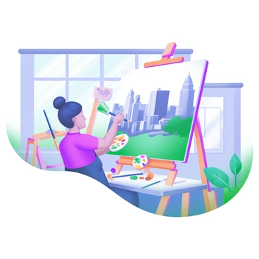 An artist is painting a large-scale illustration of the "Philadelphia skyline" in a bright and spacious studio. The artist, focused and determined, is standing in front of an easel, holding a palette filled with various colors. Brushes of different sizes are scattered around the workspace. The studio is filled with natural light coming through large windows, illuminating the walls adorned with various other artworks and sketches. In the background, the skyline is partially completed, featuring recognizable buildings such as the "Liberty Bell" and "One Liberty Place." A large canvas is propped up, displaying the artist's intricate details and vibrant colors reflecting the city's iconic structures.