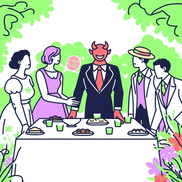 A devil with red skin and sharp horns is mingling at an elegant Victorian garden party. The devil is wearing a finely tailored black suit with a red waistcoat, and has a mischievous smile. Surrounding the devil, several guests are dressed in summer attire, including women in flowing dresses adorned with floral patterns and men in light-colored suits with straw hats. The garden is filled with vibrant flowers, and there is a large table set with an array of refreshments, including pastries and drinks in crystal glasses. Lush greenery frames the scene, creating an inviting atmosphere.