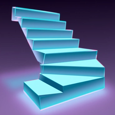 A staircase that appears to float in mid-air without any visible support. The steps are made of sleek, reflective metal, casting sharp reflections. Each step is illuminated from below by a soft, blue light, creating a glowing effect. The background is a gradient of dark shades, enhancing the floating illusion. The edges of the staircase are smooth, and there are no handrails, emphasizing its ethereal quality. The entire scene feels futuristic and surreal, with the staircase seemingly defying gravity.