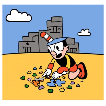 Cuphead, a cartoon character with a round head resembling a cup, is kneeling down in a vast desert. The sand is golden and stretches out under a bright blue sky, dotted with a few fluffy white clouds. Ancient ruins, with crumbling stone structures and intricate carvings, rise majestically in the background. Cuphead has big eyes and a determined expression as he focuses on a colorful puzzle in front of him, pieces scattered around him on the sand. He is wearing his classic red and white striped straw and his iconic red gloves and shorts. The scene captures a sense of adventure and curiosity in the arid landscape.