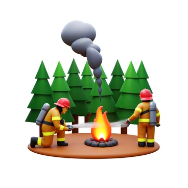 A group of firefighters in full gear actively engaged in fighting a small forest fire. The firefighters are using hoses to spray water on the flames. Dark smoke billows into the sky from the burning trees in the background. The forest is dense with green trees, and the ground is covered in dry leaves. One firefighter is kneeling, aiming the hose at the base of the fire, while another stands nearby, observing and planning the next move.