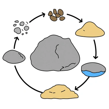 A large, gray rock sits in the center of the image, showcasing its rough texture and uneven surface. Surrounding the rock are distinct stages of its transformation, presented in a circular arrangement. To the left, the rock is depicted as it begins to weather, with small cracks forming and bits of sediment falling away. Further to the left, the rock is represented as smaller pebbles, smooth and round, indicating erosion. At the top of the circle, the pebbles are shown being compressed and heated, transforming into a shiny metamorphic rock with visible crystalline structures. To the right, the metamorphic rock is illustrated being broken down into sand, which piles up in a soft, golden mound. Finally, at the bottom of the circle, the sand is depicted being transported by water, flowing smoothly over the grains. Each stage is connected by arrows, clearly indicating the cycle of transformation.