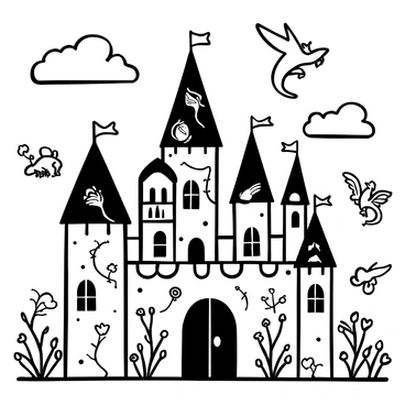 A large castle with multiple turrets and towers, each adorned with intricate illustrations of various mythical creatures. The castle is surrounded by a high stone wall, and the entrance features a grand wooden door with ornate metalwork. Vines climb up the walls, intertwining with the illustrations. In the foreground, several whimsical creatures, such as dragons and griffins, are depicted in flight around the castle, adding a sense of movement to the scene. The sky above is filled with swirling clouds, contrasting against the castle's structure.