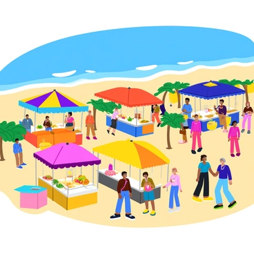 A vibrant beach market with colorful stalls lining the sandy shore. Each stall is adorned with bright fabric canopies, showcasing a variety of souvenirs such as shell necklaces and handmade crafts. There are also food stalls displaying fresh tropical fruits, ice cream, and snacks like churros and tacos. People of different ages are browsing the stalls, some holding shopping bags filled with treasures. The ocean is visible in the background, with waves gently lapping at the shore under a clear blue sky.