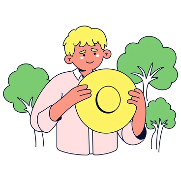 A person is standing outdoors on a bright sunny day. They have short hair and are wearing a light-colored shirt. In their hands, they hold a large wide-brimmed straw hat. They are fanning themselves with the hat, creating a small breeze. Their facial expression shows discomfort from the heat, and beads of sweat are visible on their forehead. Surrounding them are green trees that suggest a warm, humid environment.