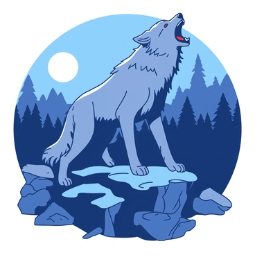 A gray werewolf stands on a rocky hillside, its fur glistening under the light of the full moon. The werewolf has its head tilted back, howling dramatically, with its sharp fangs bared and eyes glowing intensely. Surrounding the werewolf, there are jagged rocks and sparse vegetation, with the moon hanging low in the night sky, casting a bright light across the scene. In the background, a few distant trees silhouette against the moonlit sky, enhancing the wild atmosphere of the image.