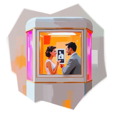 A photobooth from the 1950s with a couple taking black-and-white snapshots