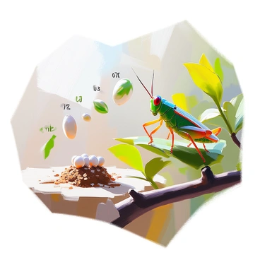 An educational illustration depicting the life cycle of a grasshopper. The image shows four distinct stages: the first stage features grasshopper eggs nestled in a small, brown mound in the soil. The second stage illustrates young nymphs, which resemble miniature adult grasshoppers, emerging from the eggs. The third stage showcases nymphs climbing on a green leaf, highlighting their growth and development. The final stage portrays a fully grown adult grasshopper perched on a branch with vibrant green foliage in the background. Each stage is clearly labeled with numbers to indicate the progression of the life cycle.