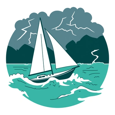 A sailboat with white sails is navigating through turbulent teal waves in a stormy sea. The boat is slightly tilted as it cuts through the water, with foam splashing around the hull. Dark clouds loom overhead, and bright flashes of white lightning zigzag across the sky, illuminating the scene momentarily. The wind is causing the sails to billow, emphasizing the intensity of the storm. In the distance, additional dark clouds gather, creating a dramatic backdrop to the struggle against the elements.